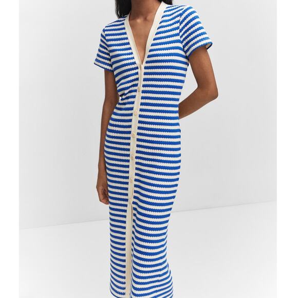 Mango Striped Blue Cream Knit Jersey Midi Dress Womens 2 Nautical Coastal Resort - Picture 5 of 10